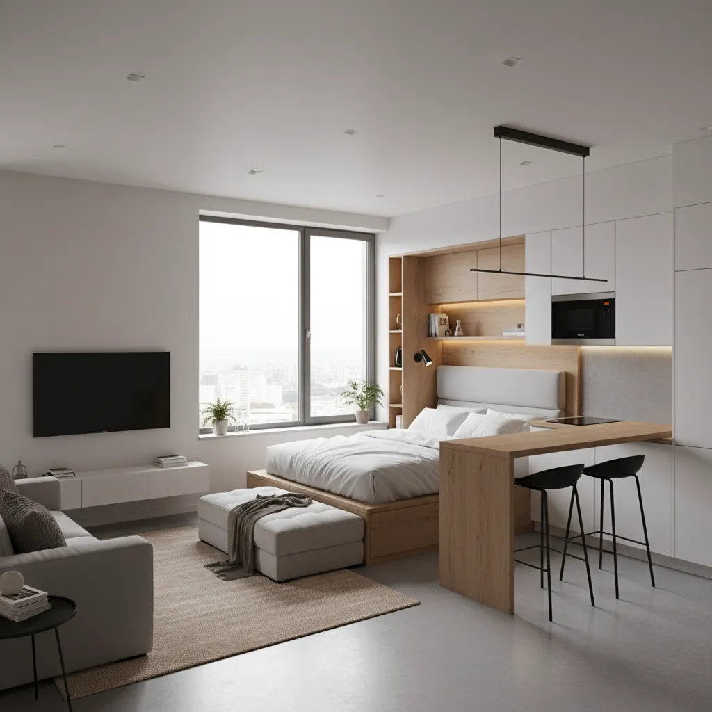 3D visualization of compact urban apartment interior layout