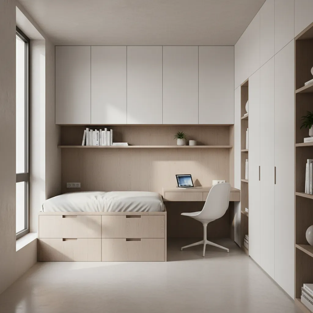 Compact 50 sq ft micro apartment layout overview with bed platform and storage walls