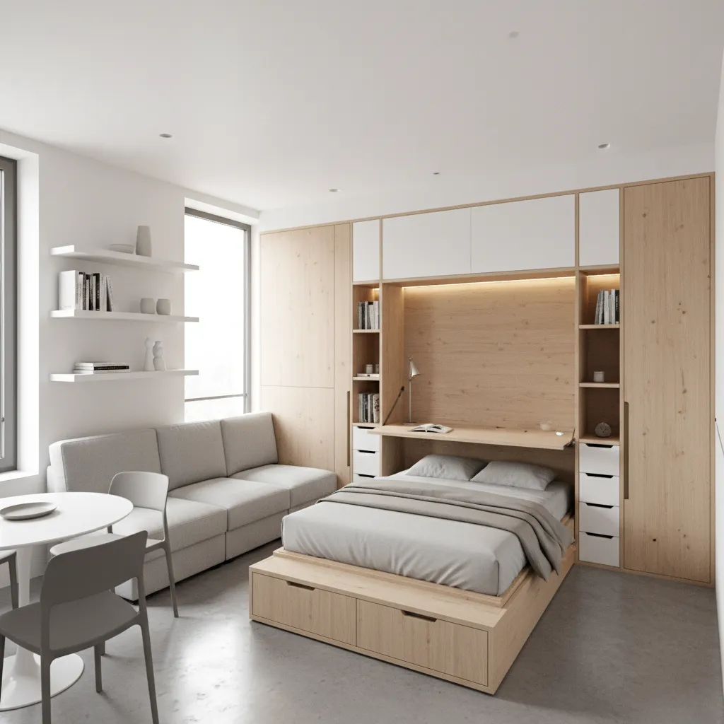 compact micro apartment organized with modular furniture zones and algorithmic layout planning