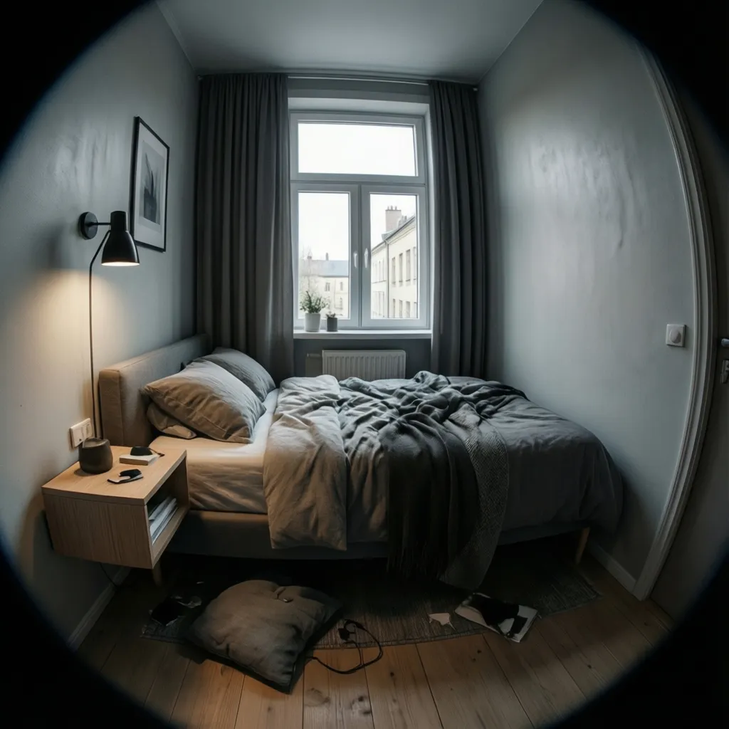 Tiny micro apartment bedroom with minimalist layout and compact bed