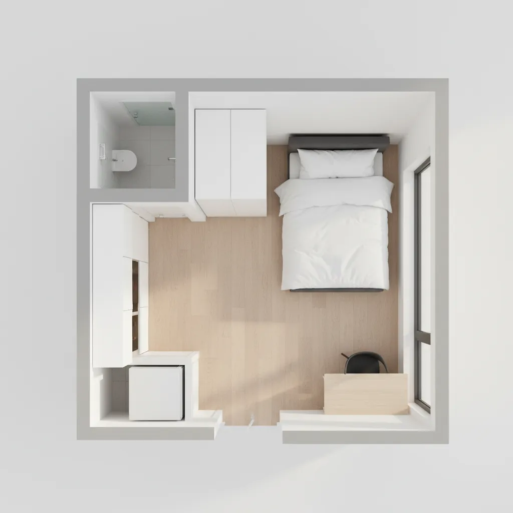 micro apartment layout showing clear circulation path through furniture arrangement