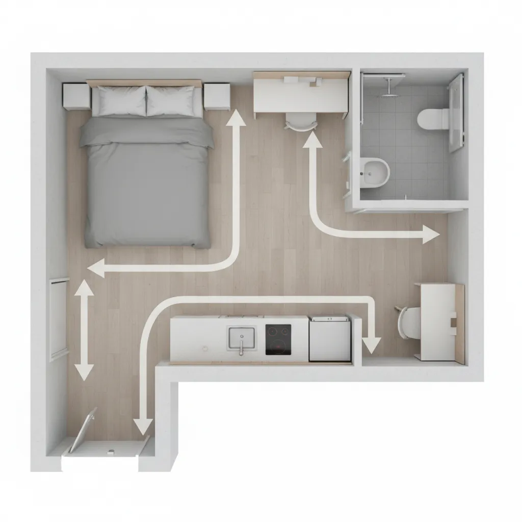 Diagram showing recommended circulation paths in a 15 sq m apartment