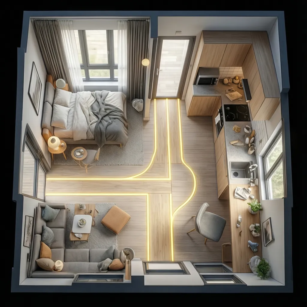 Micro apartment layout showing clear walking circulation path