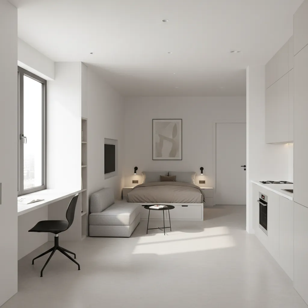 Small studio apartment interior showing clear walking path to entrance door