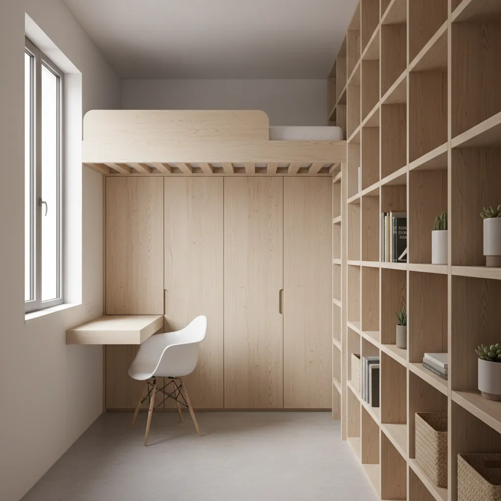 compact micro apartment interior showing bed loft and vertical storage layout