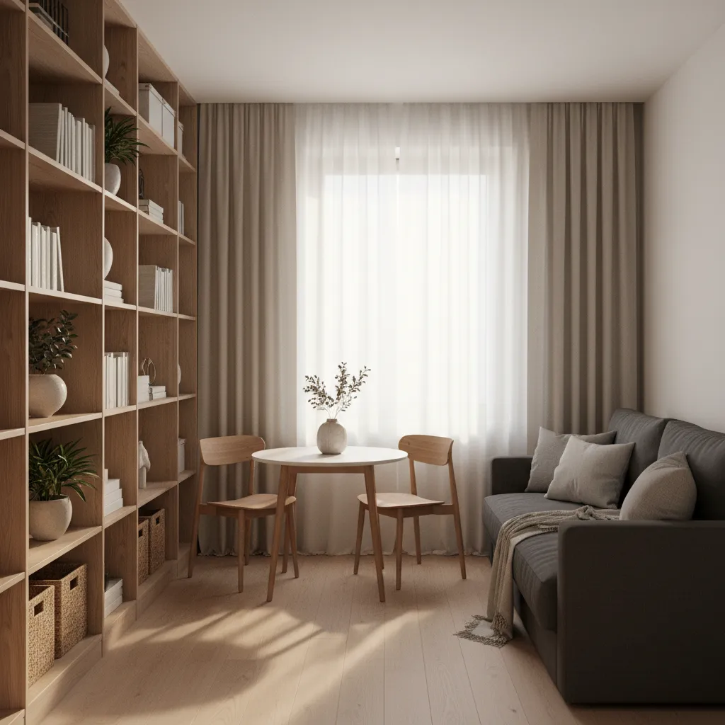 Compact micro apartment living area with sofa bed and wall storage