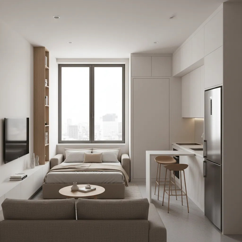 Compact micro apartment interior showing integrated living, sleeping, and kitchen zones