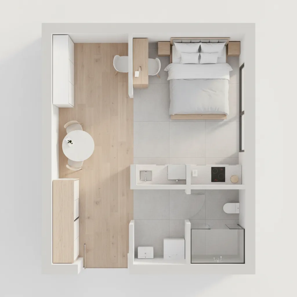 Micro apartment floor layout highlighting clear emergency exit circulation path