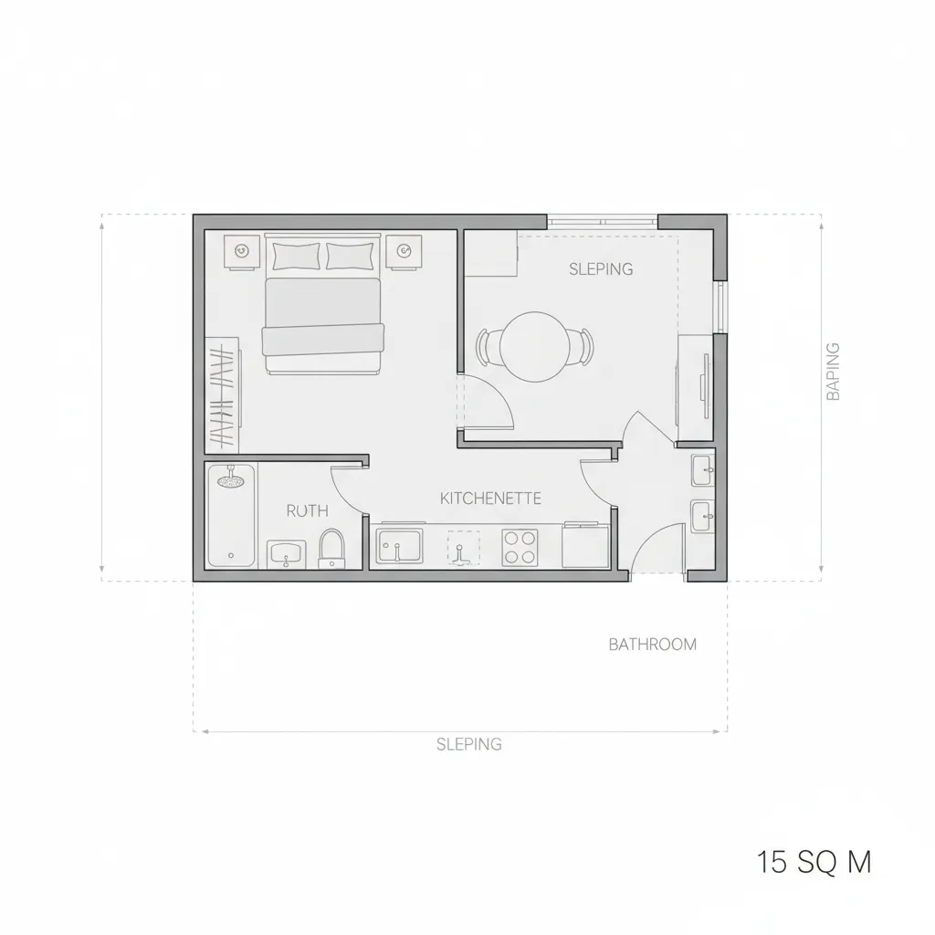15 square meter micro apartment floor plan showing compact zoning for sleeping kitchen and bathroom