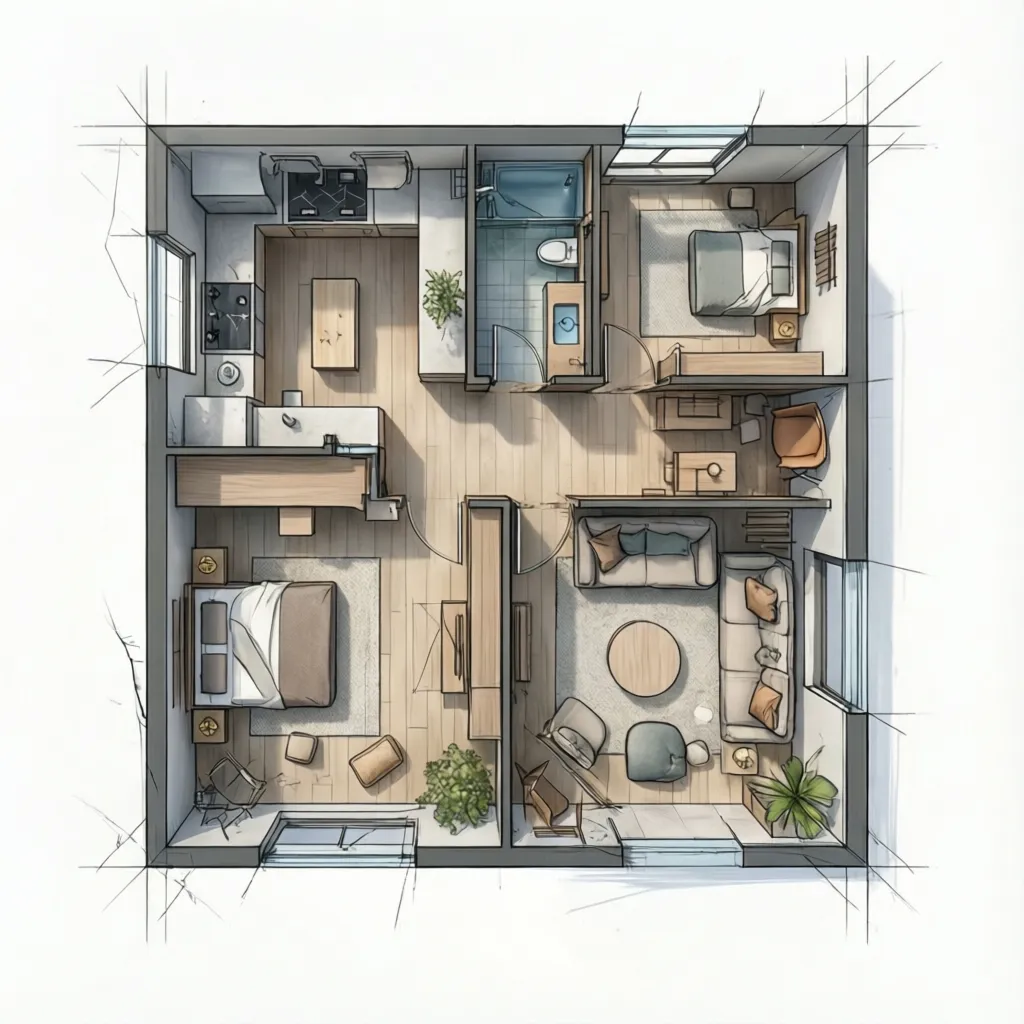 Top view floor plan of micro apartment with compact zones for kitchen bed and living