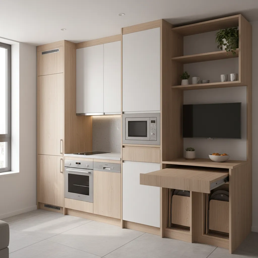 Micro apartment furniture unit with built in microwave compartment