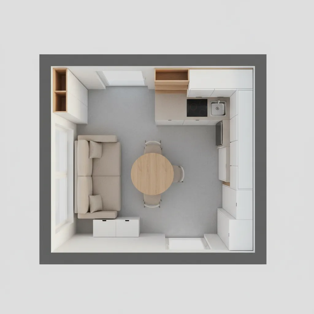 3D layout showing furniture arrangement in a micro apartment