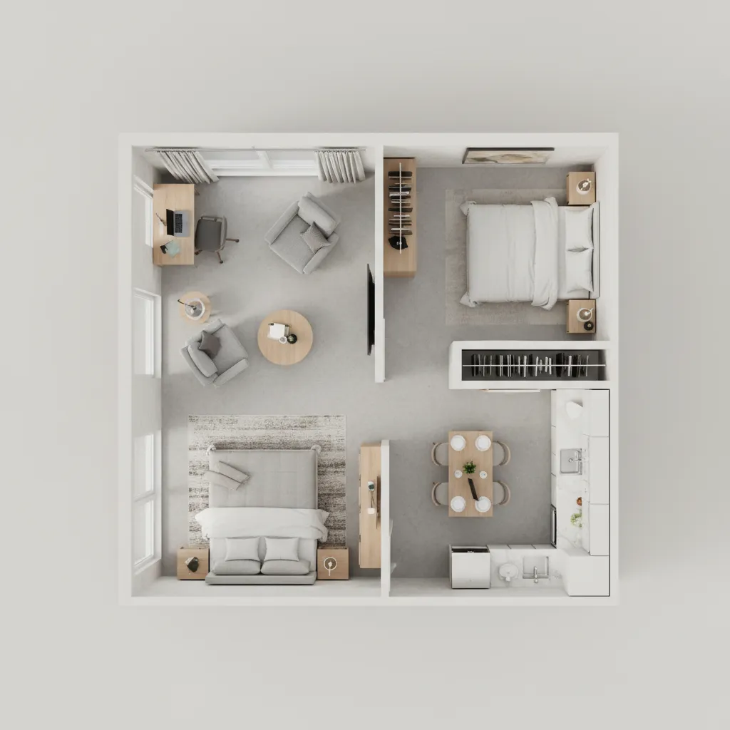Small apartment floor plan with furniture placement planning