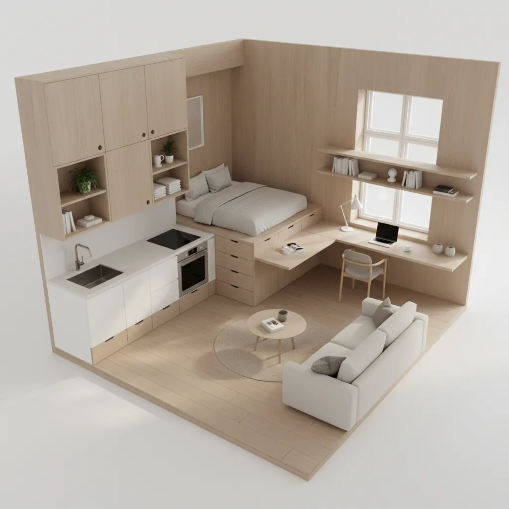 Compact 290 sq ft apartment with clearly defined functional zones