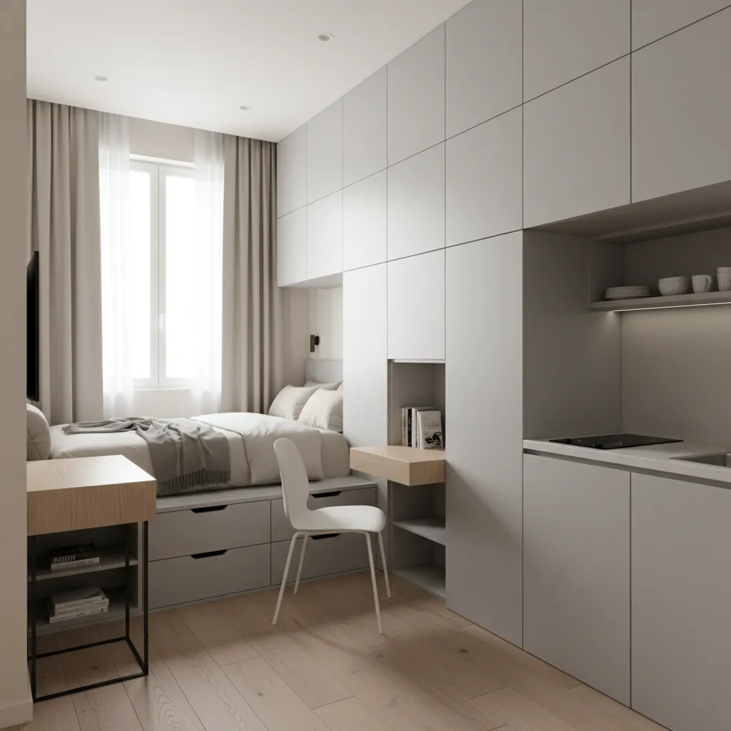 small 15 sq m apartment interior showing integrated storage and compact furniture layout