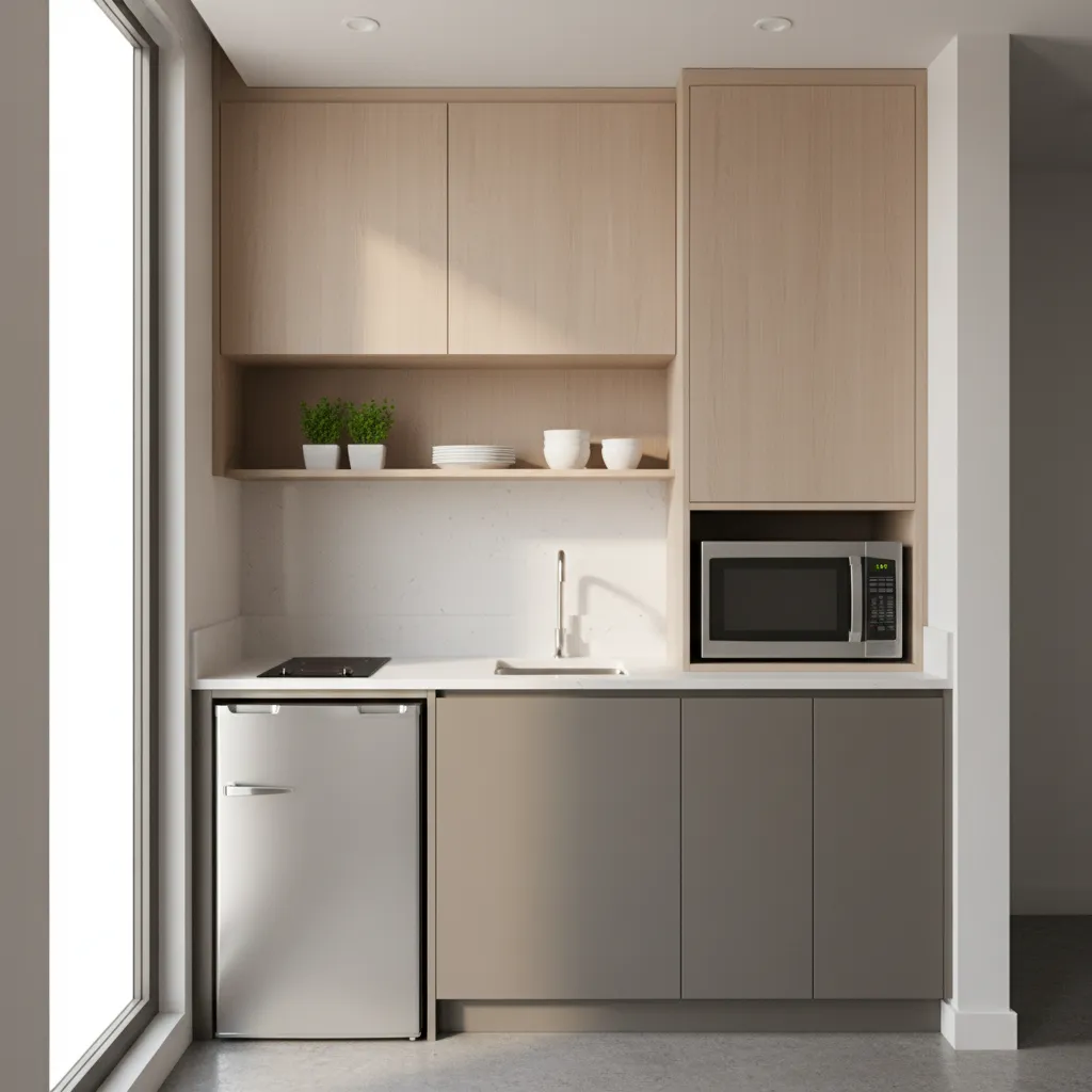 Compact kitchenette layout in micro apartment with appliances spaced safely