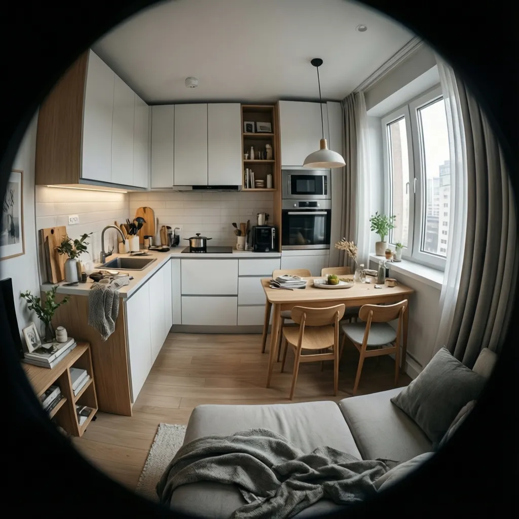 Small modern apartment kitchen integrated into open living space