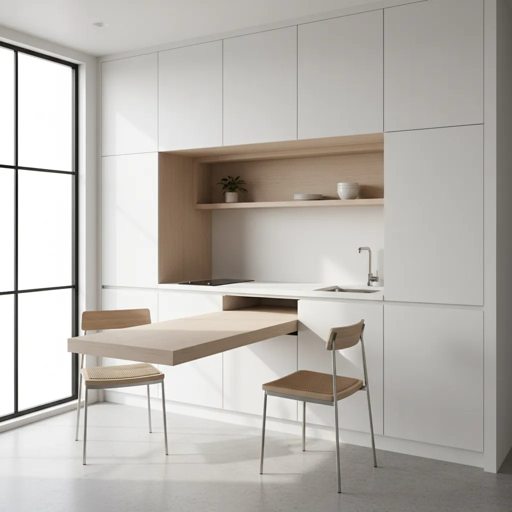 Micro apartment kitchen layout with pull out dining table extended