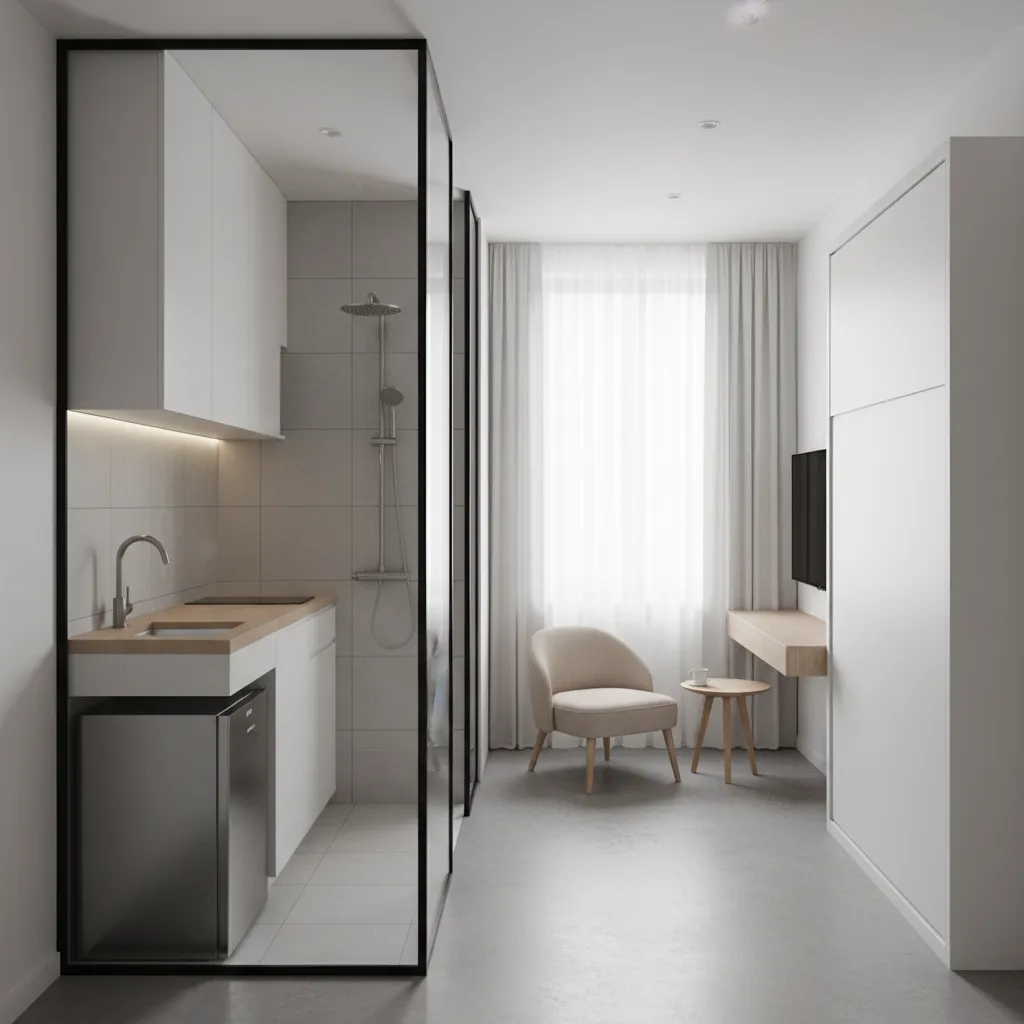 Micro apartment kitchen shower concept with tiled wet wall and compact sink