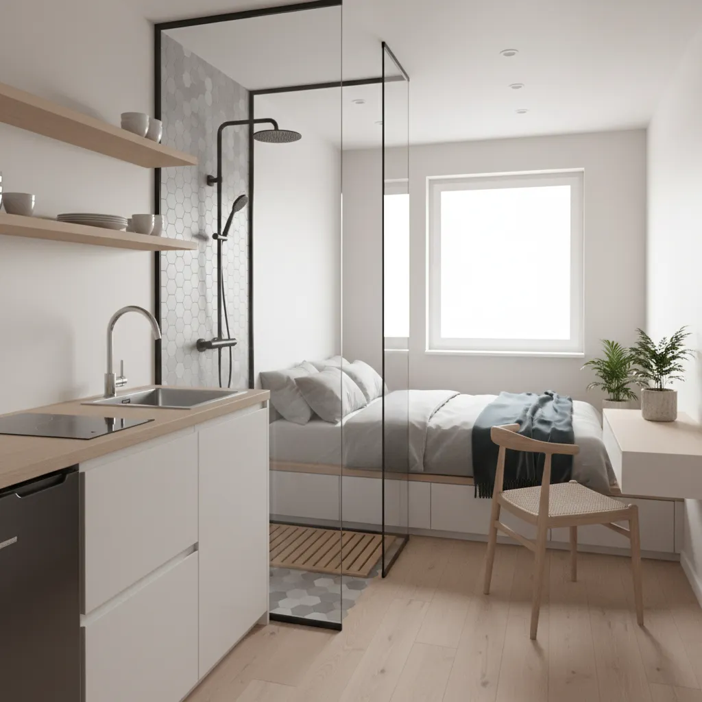 Micro apartment kitchen with shower partition example