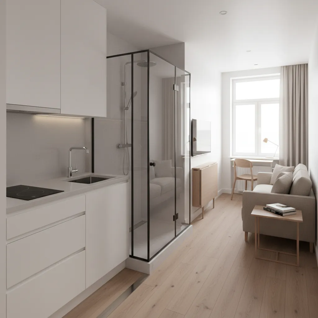 Modern small apartment with white kitchen cabinets glass shower sofa wood floor and bright window