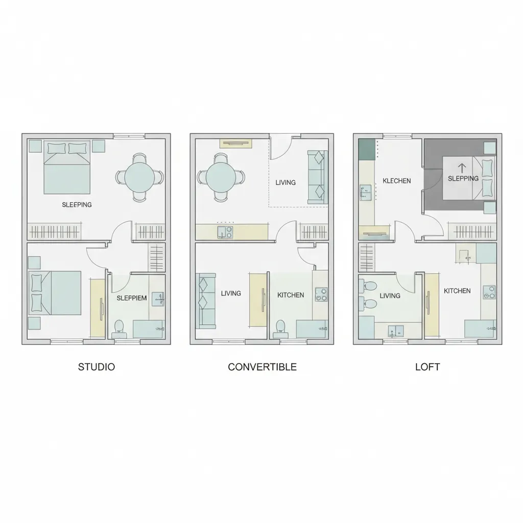 diagram comparing studio convertible and loft micro apartment layouts
