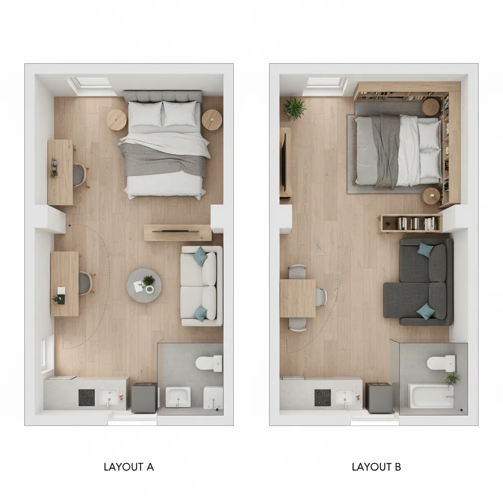 top view micro apartment floor plan comparing furniture layouts