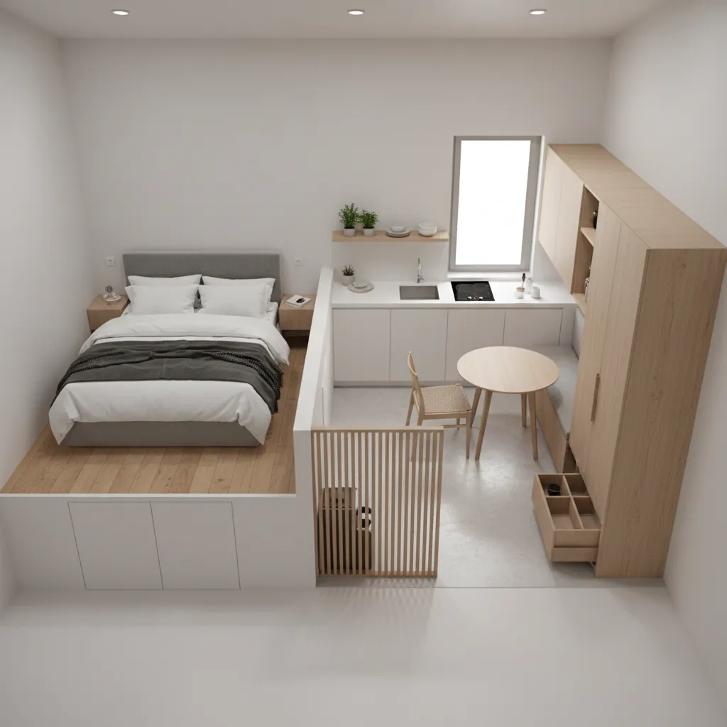 Diagram style interior view showing zones in a micro apartment layout