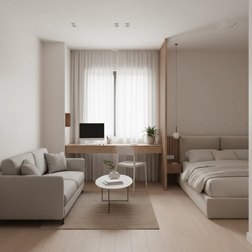 Small apartment interior showing balanced living sleeping and working zones