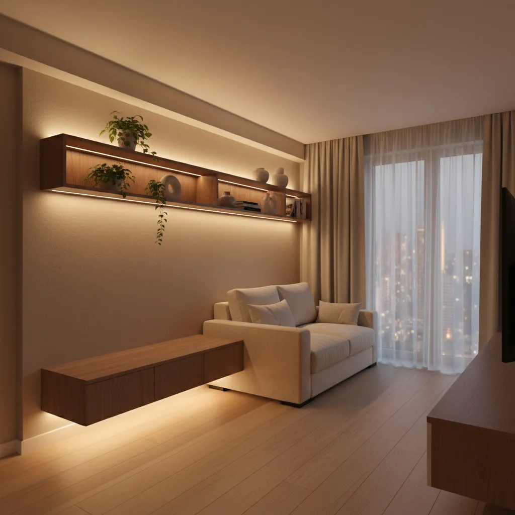 layered lighting design in a small urban micro apartment interior
