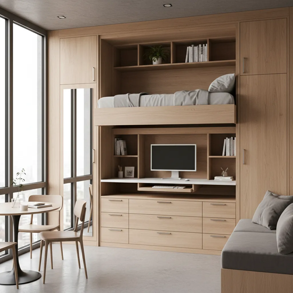 Transformable furniture system in a micro apartment with foldable bed desk and storage wall