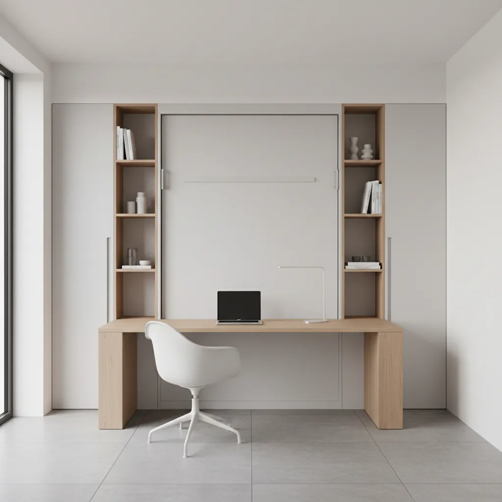 transformable furniture system with murphy bed and foldable desk in small apartment