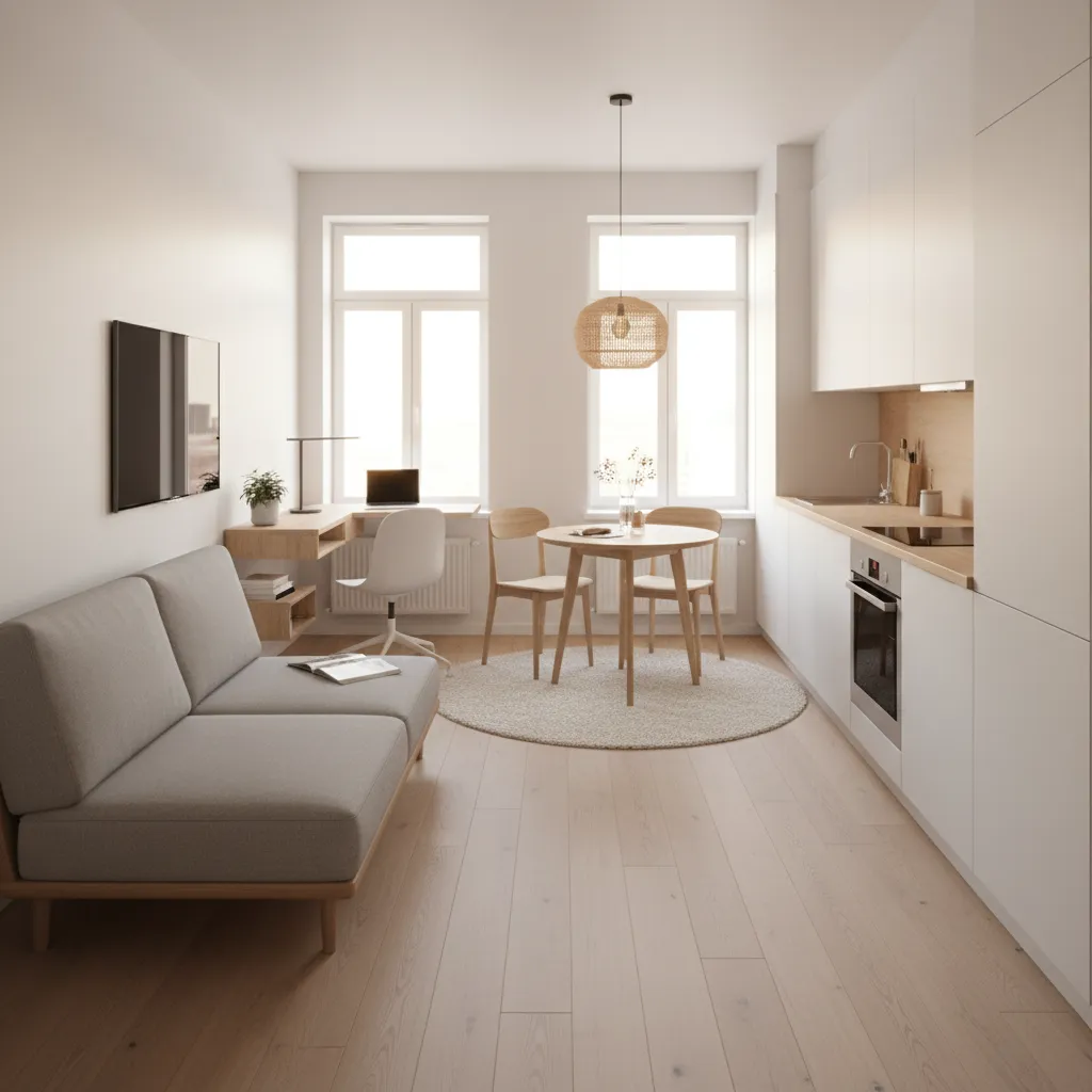Micro apartment showing multifunctional living and workspace zone