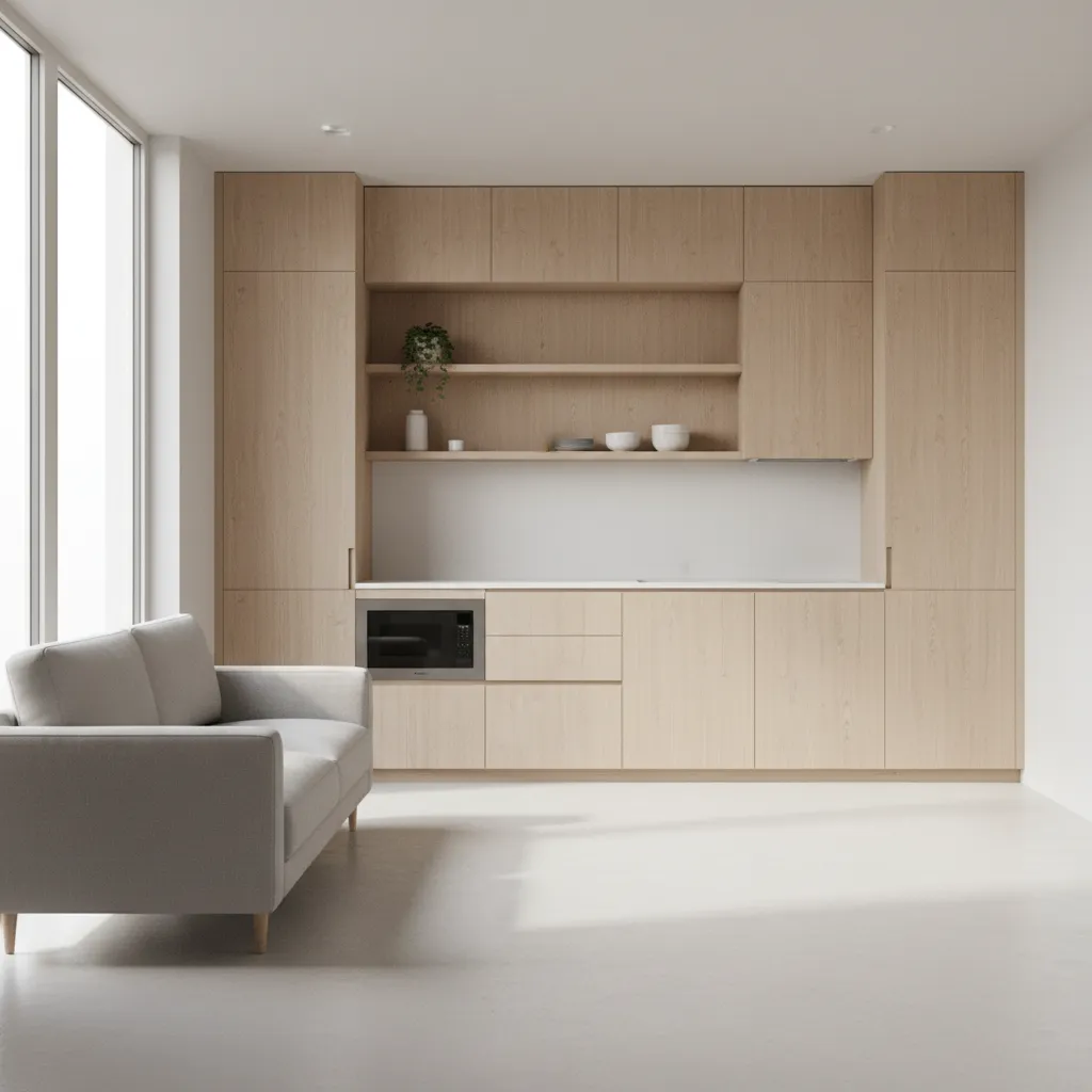 compact studio apartment showing a single functional wall with kitchen and storage