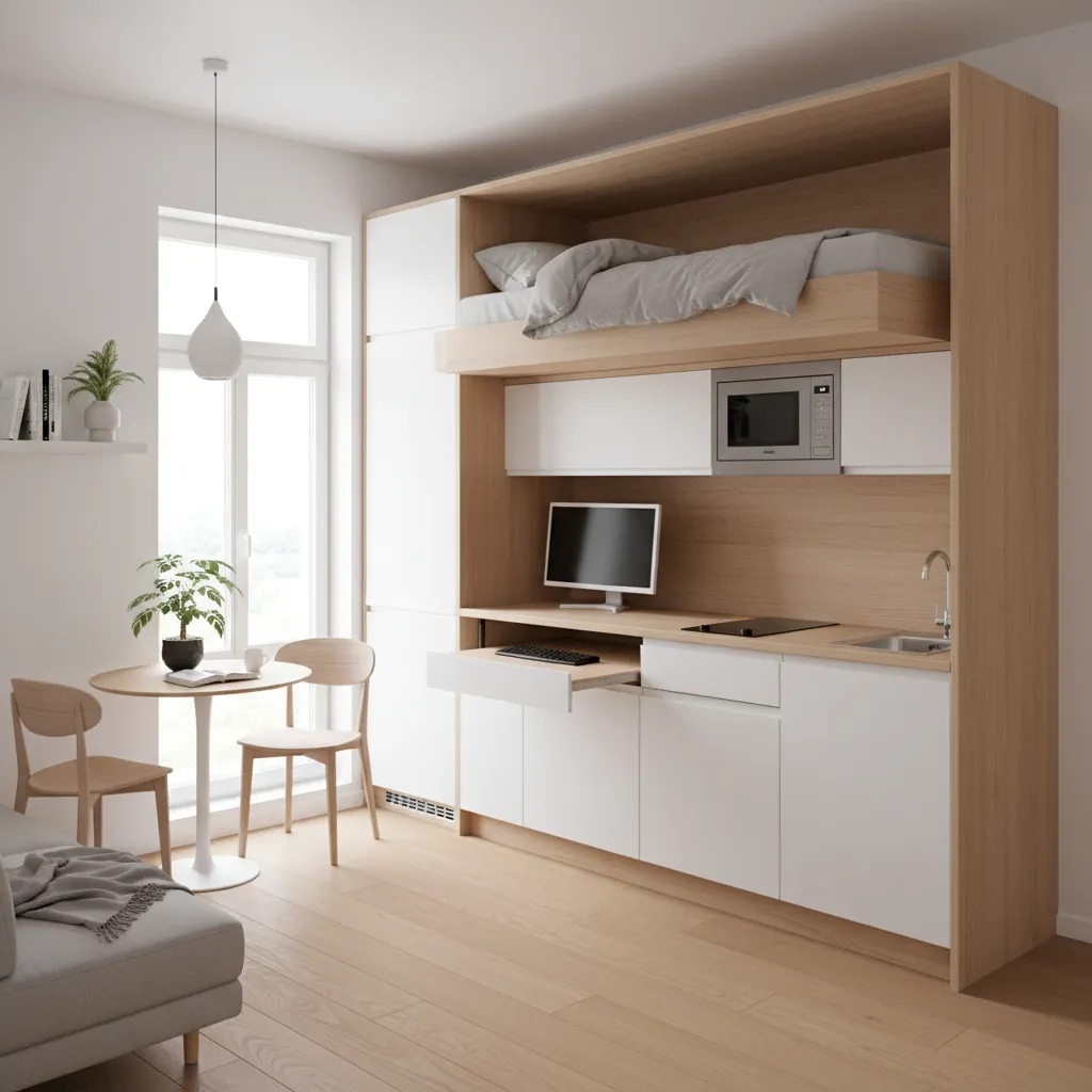 Overview of a compact micro apartment interior layout with bed storage wall and kitchenette