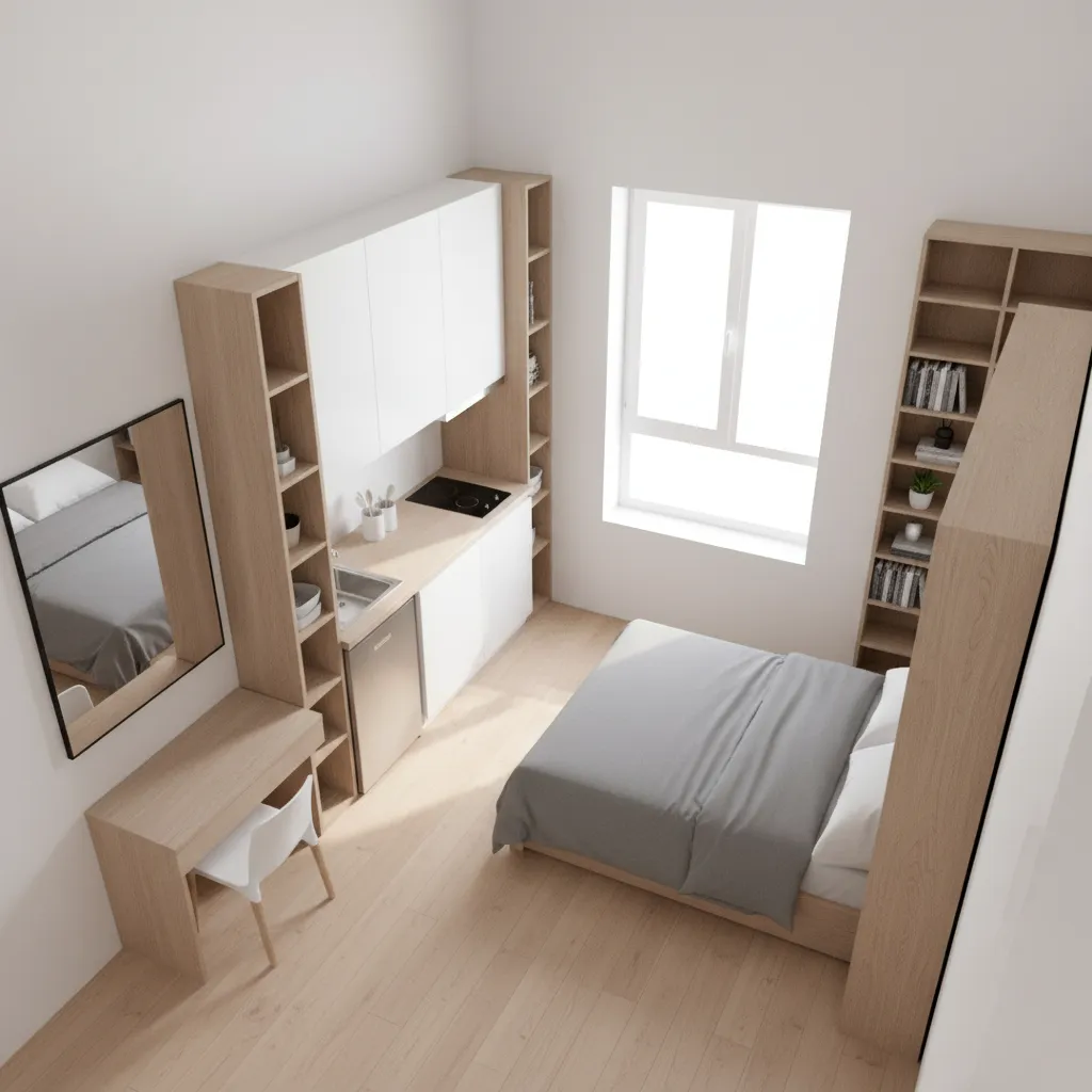 Compact 15 sq m studio apartment layout with bed, kitchenette and storage