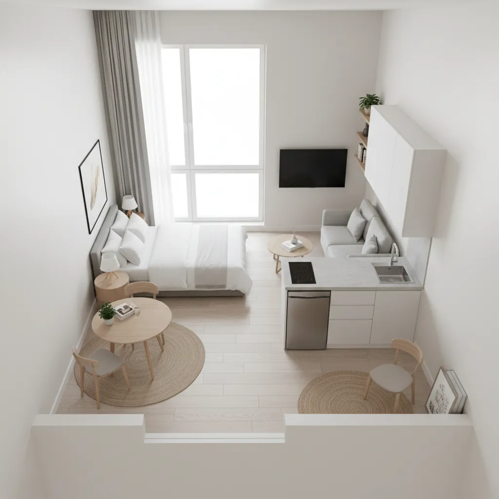 overview of a compact micro apartment layout with sofa, bed, and kitchen visible