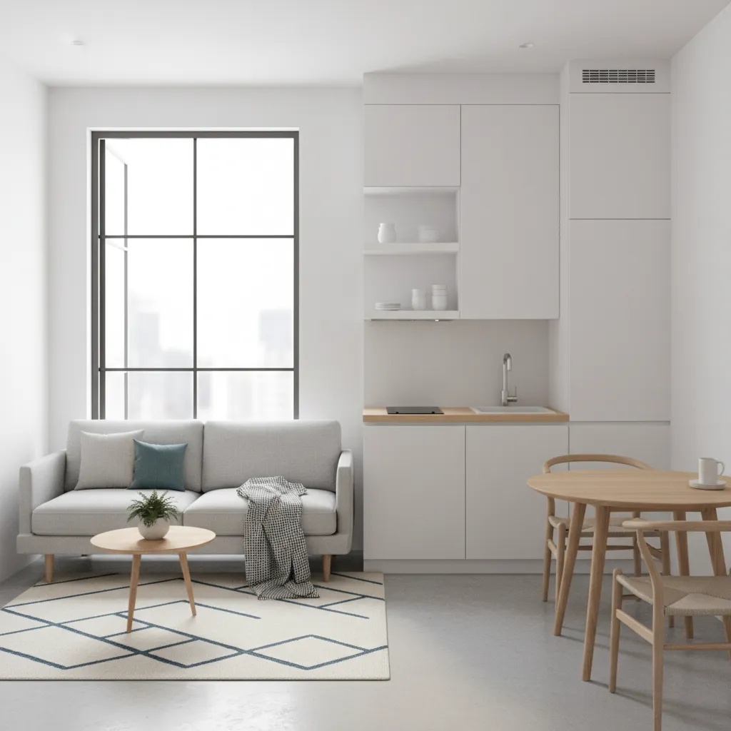 Small 290 sq ft apartment interior showing compact living area and kitchen