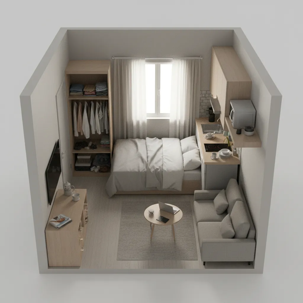 cramped 15 sq m apartment layout with furniture blocking movement path