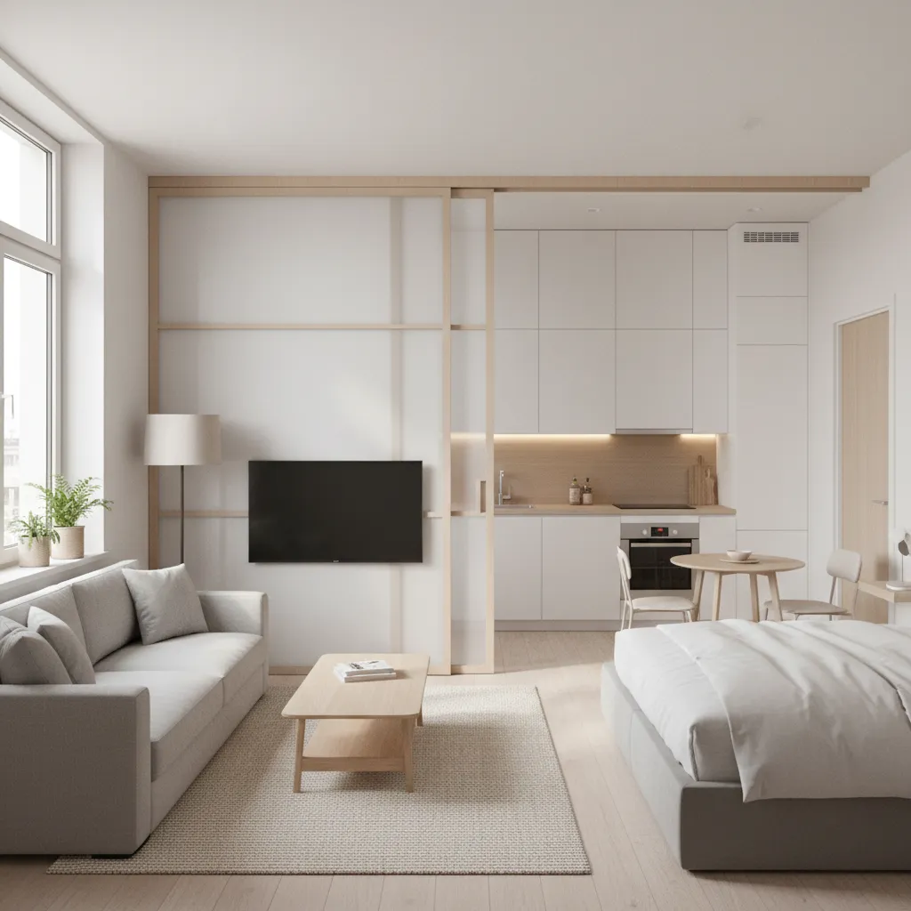 Micro apartment layout with sliding door separating living and sleeping area