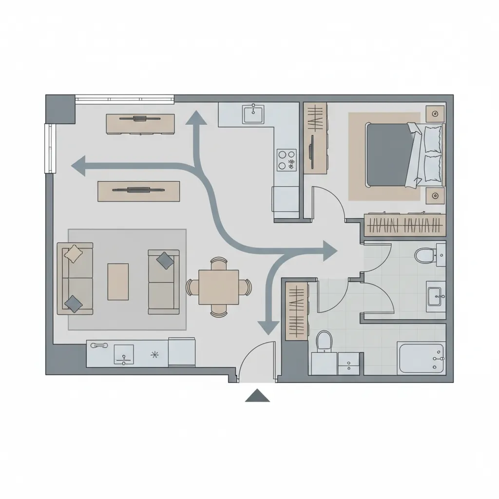 micro apartment floor layout showing circulation path and furniture zones
