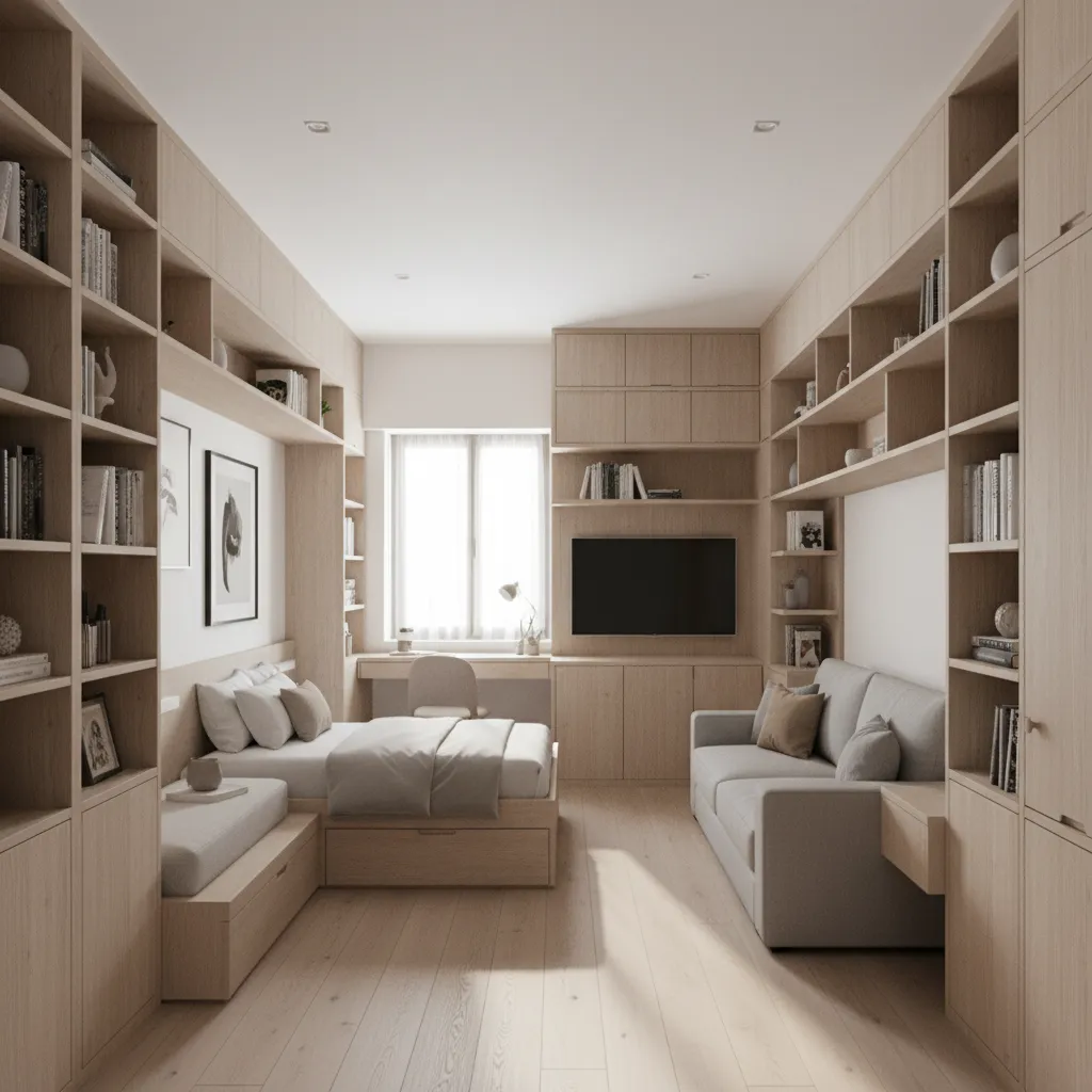 Small 290 sq ft studio apartment interior with integrated storage furniture and shelving