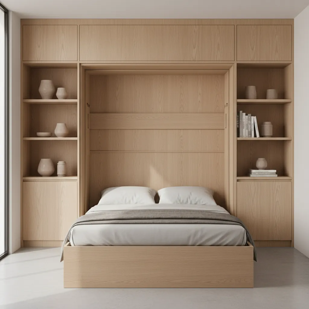 Micro apartment storage wall with fold down bed shelving and hidden cabinets