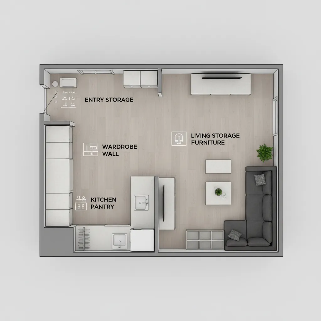 Small apartment layout showing organized storage zones