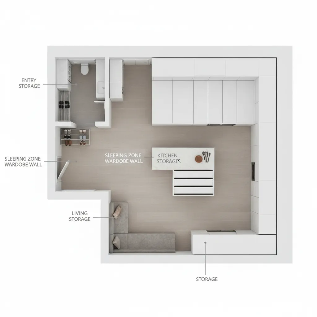 Simple zoning layout showing entry, sleeping, and kitchen storage areas in a micro apartment