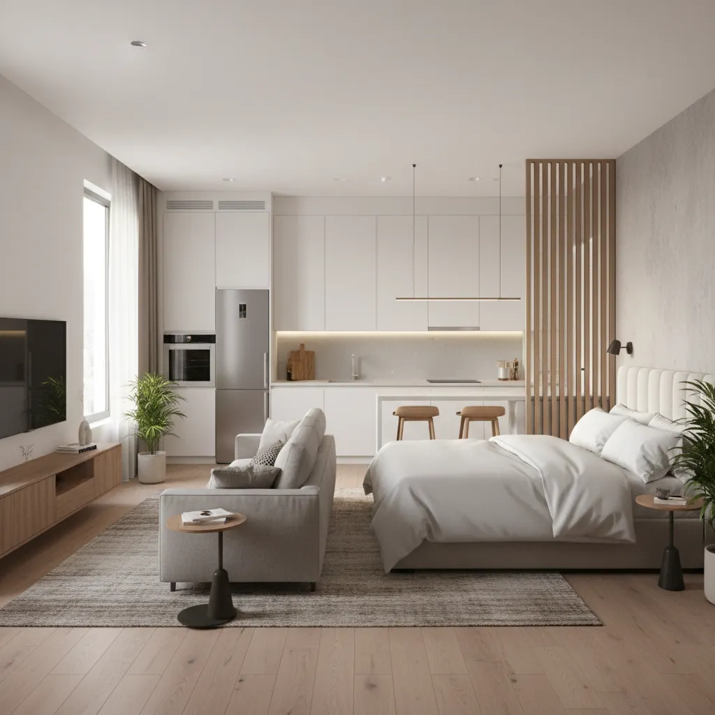 open studio layout inside a 370 sq ft apartment with living sleeping and kitchen zones