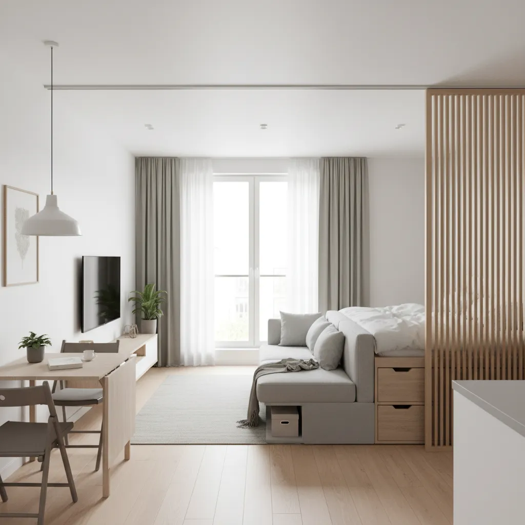Urban micro apartment interior demonstrating efficient small space design