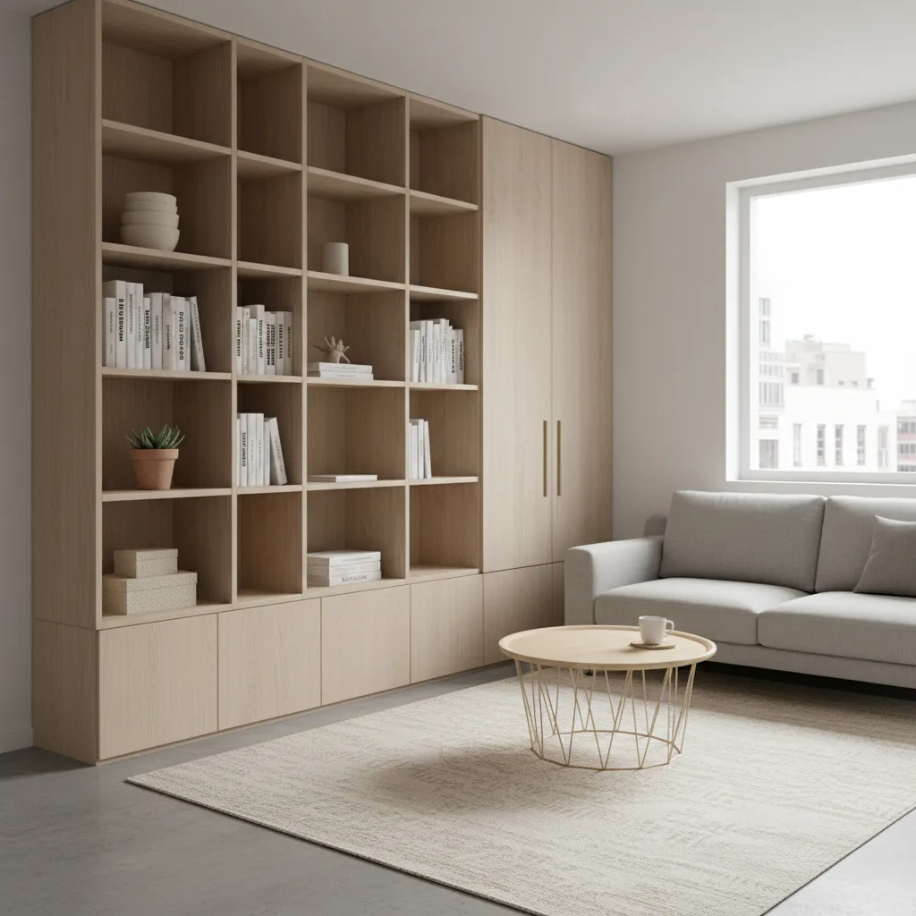 Small apartment living room with floor to ceiling shelving storage wall