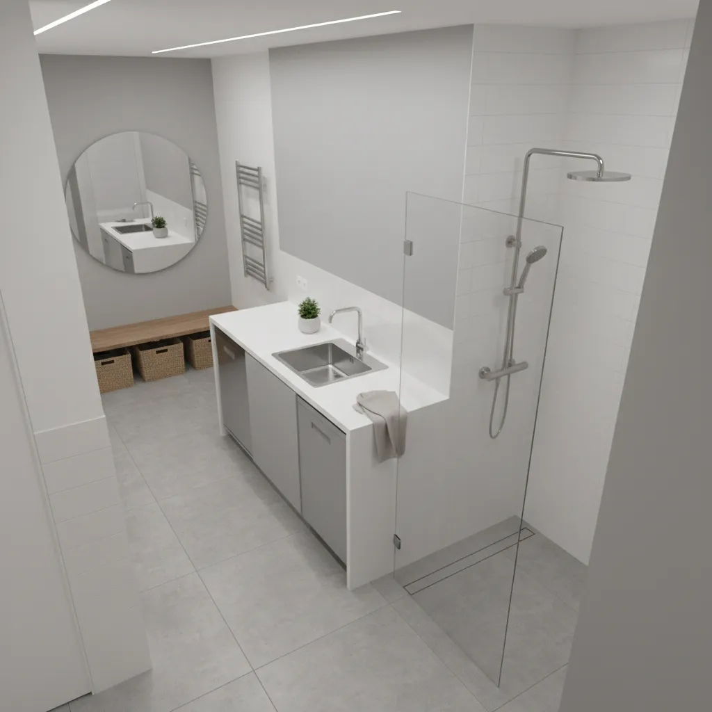Small apartment wet zone layout showing combined kitchen sink and shower area