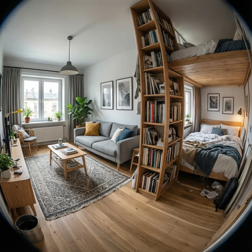 small apartment interior showing separate zones using rug and furniture placement